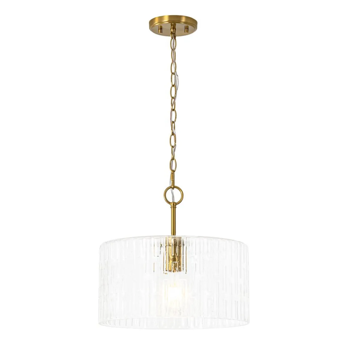 1-Light Clear Striped Glass Drum Semi Flush / Round Cage Pendant