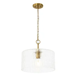 1-Light Clear Striped Glass Drum Semi Flush / Round Cage Pendant