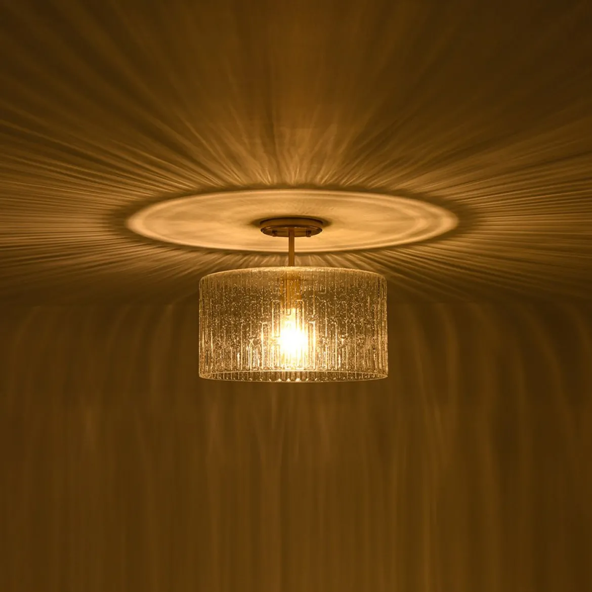 1-Light Clear Striped Glass Drum Semi Flush / Round Cage Pendant
