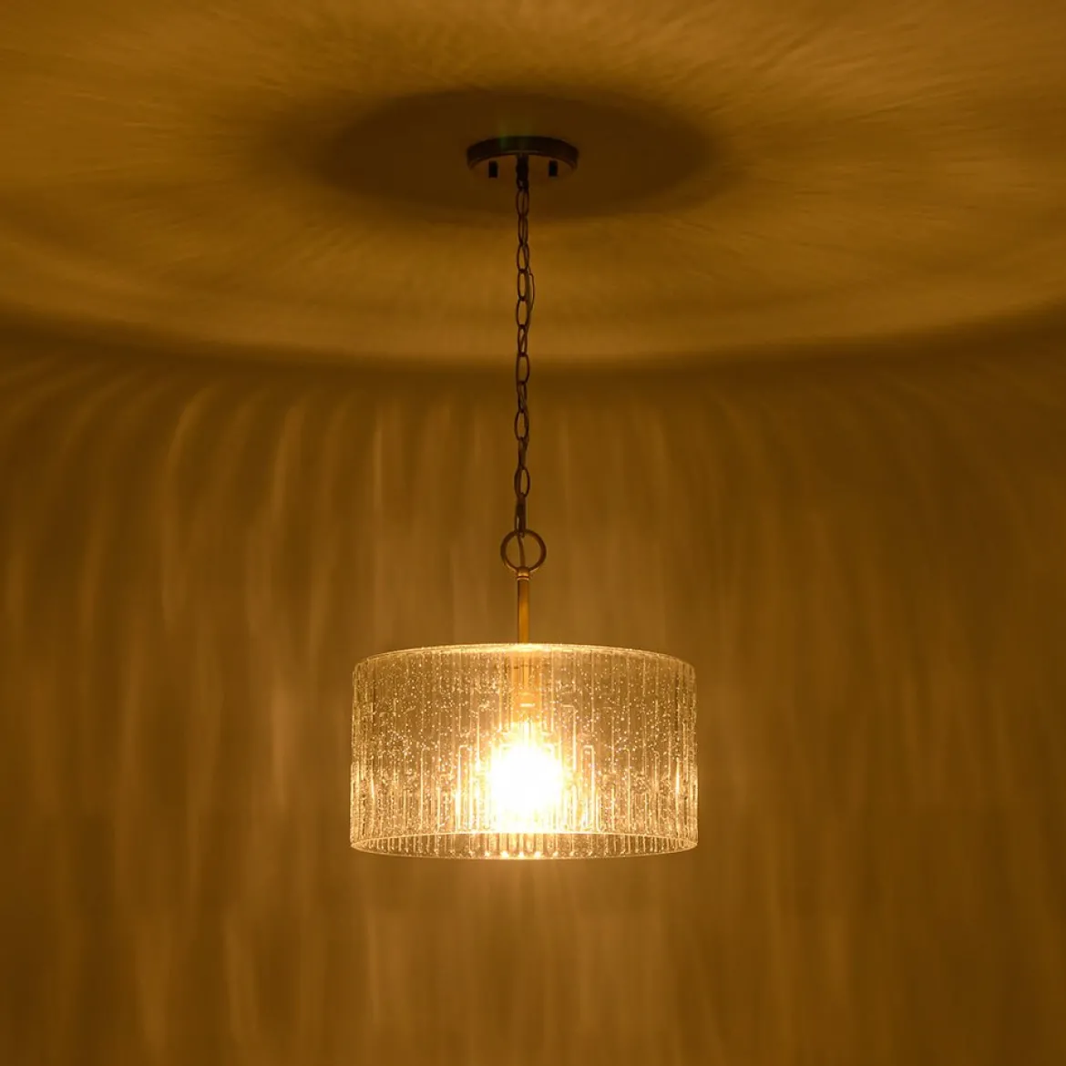 1-Light Clear Striped Glass Drum Semi Flush / Round Cage Pendant