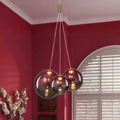 3-Light Cluster Gold Ruby Glass Globe Dimmable LED Pendant