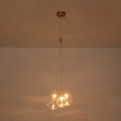 3-Light Cluster Gold Ruby Glass Globe Dimmable LED Pendant