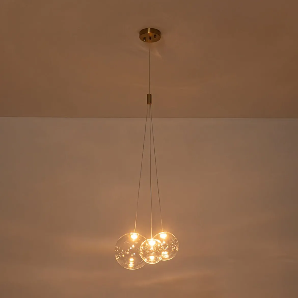 3-Light Cluster Gold Ruby Glass Globe Dimmable LED Pendant