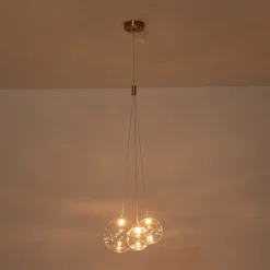 3-Light Cluster Gold Ruby Glass Globe Dimmable LED Pendant
