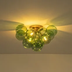 3-Light Cluster Green Tinted Glass Globe Bubble Semi Flush