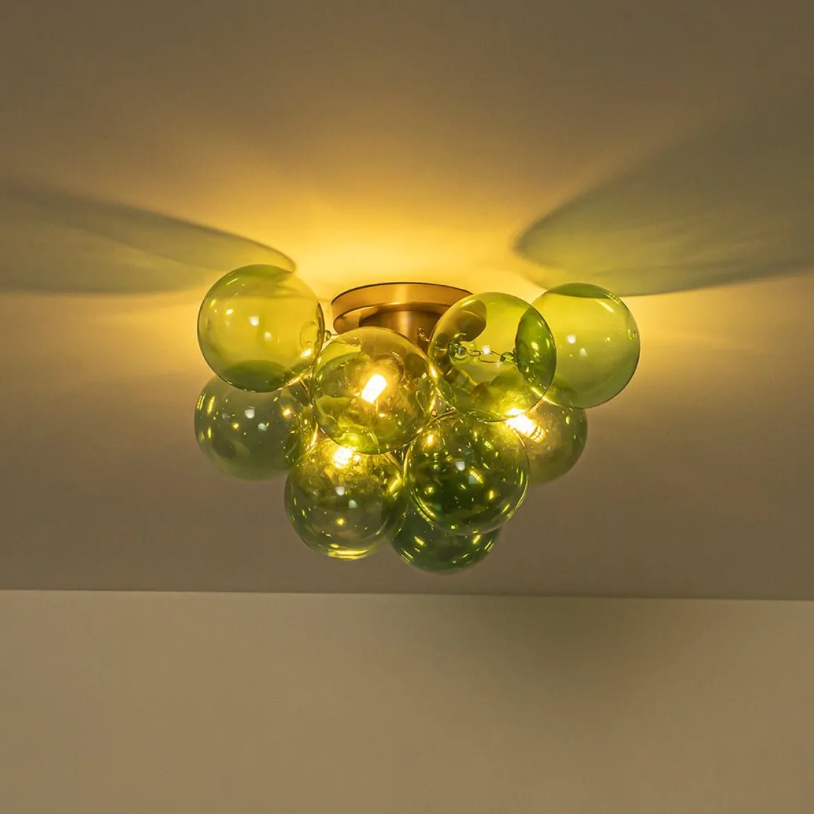 3-Light Cluster Green Tinted Glass Globe Bubble Semi Flush