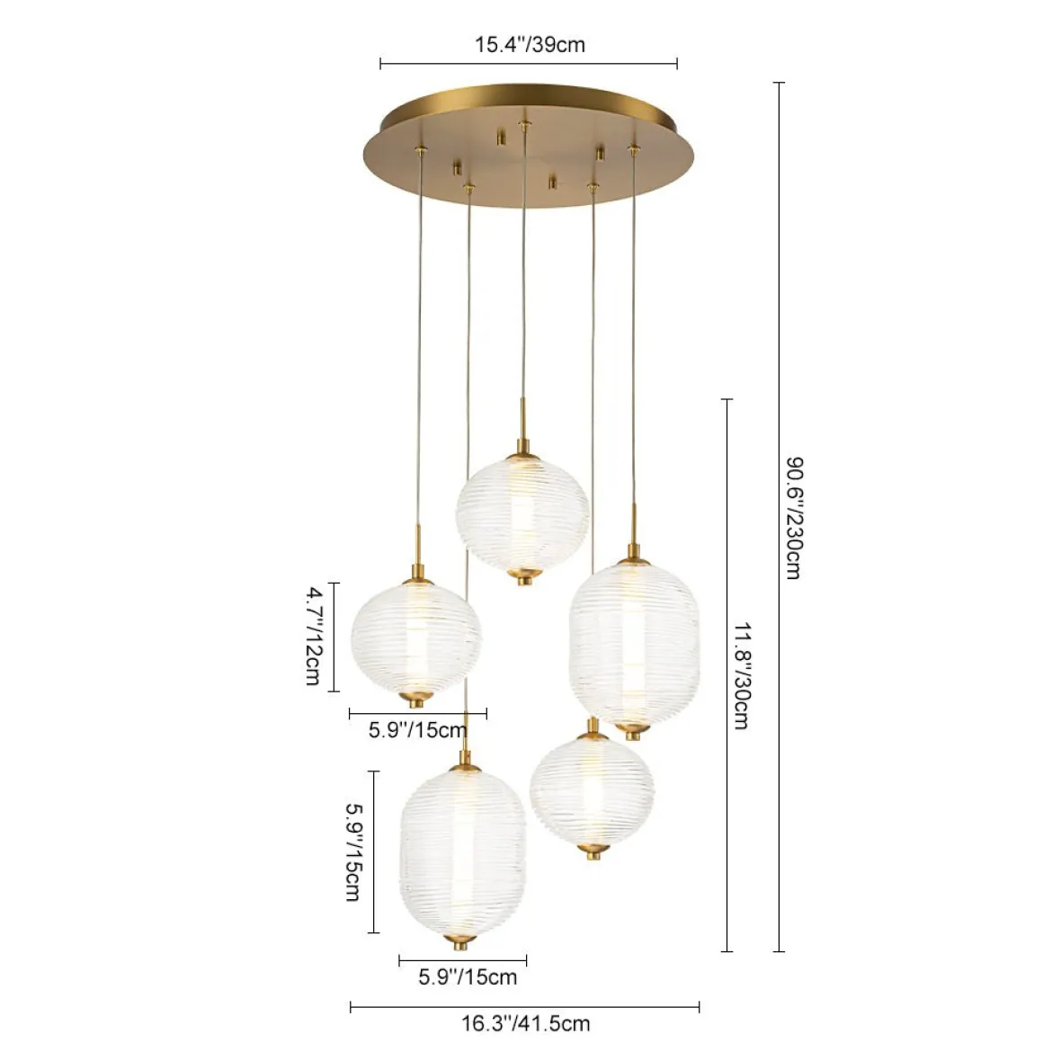 5-Light Cluster Ribbed Glass LED Round Entryway Chandelier