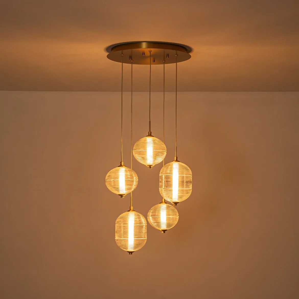 5-Light Cluster Ribbed Glass LED Round Entryway Chandelier