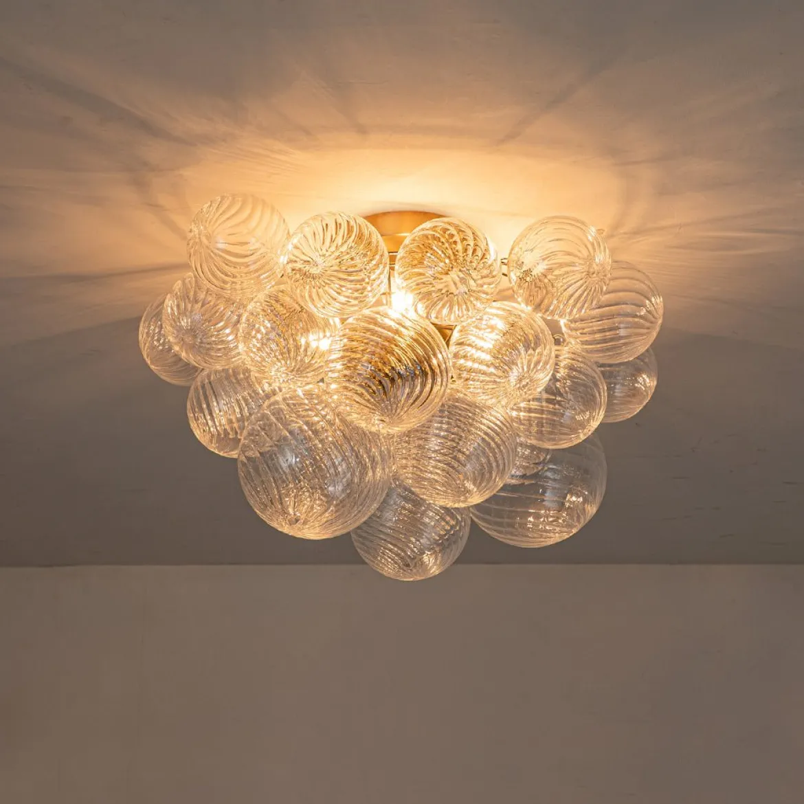 3-Light Cluster Ribbed Glass Bubble Semi Flush Chandelier
