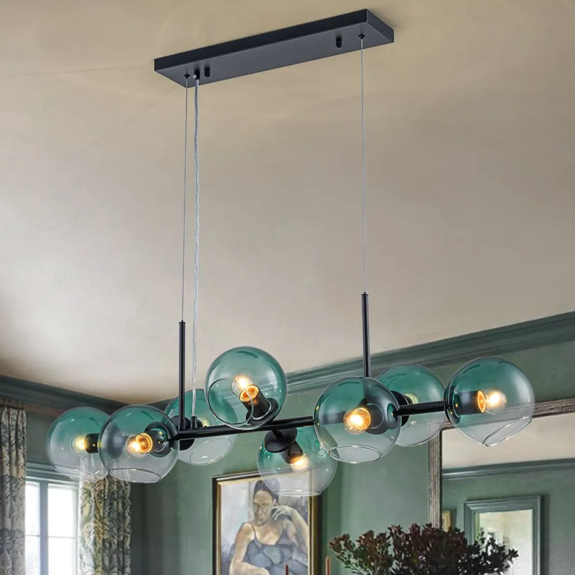 8-Light Color Tinted Glass Globe Bubble Linear Island Chandelier