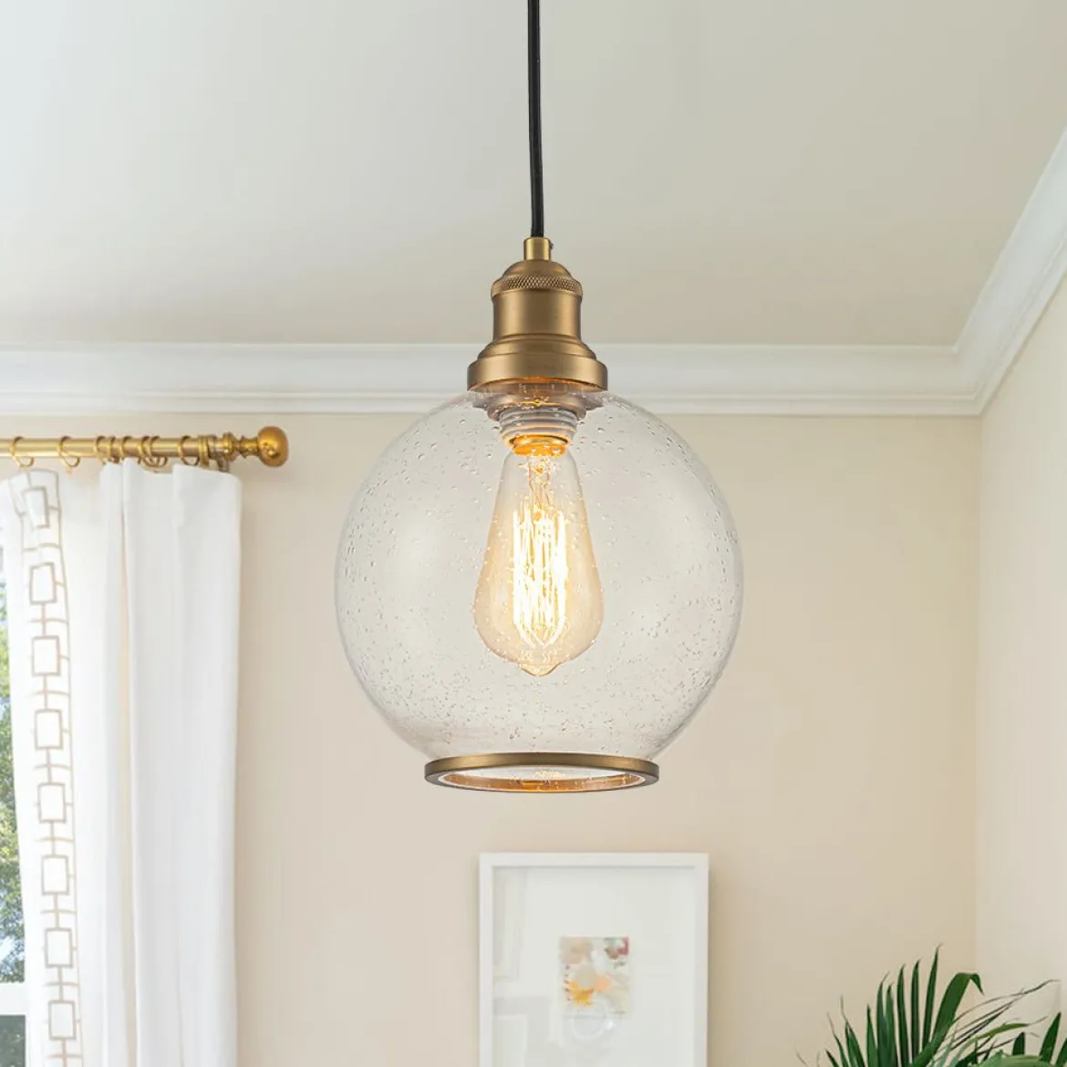 1-Light Corded Seeded Glass Globe Kitchen Pendant Light