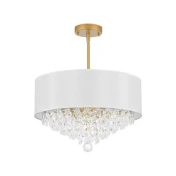 4-Light Crystal Accented White Fabric Drum Cage Chandelier