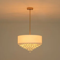 4-Light Crystal Accented White Fabric Drum Cage Chandelier