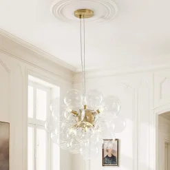 6-Light Dimmable Brass Cluster Clear Glass Bubble Sphere Chandelier