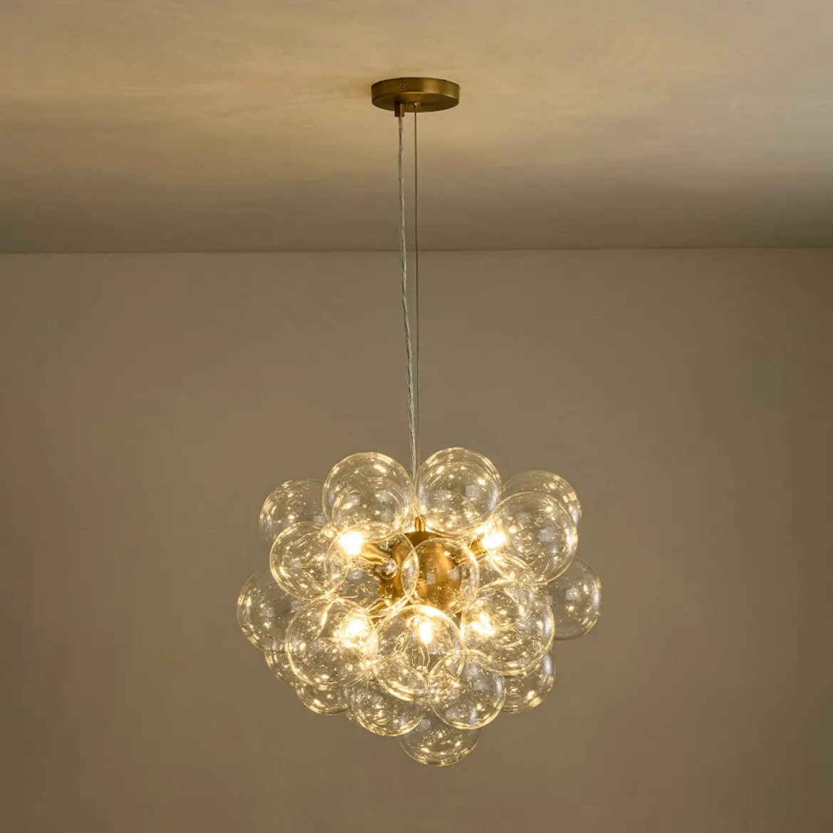 6-Light Dimmable Brass Cluster Clear Glass Bubble Sphere Chandelier