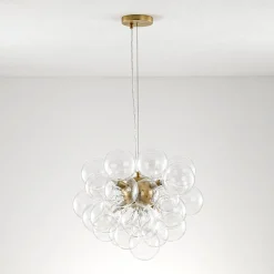 6-Light Dimmable Brass Cluster Clear Glass Bubble Sphere Chandelier