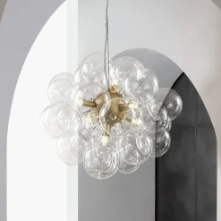 6-Light Dimmable Brass Cluster Clear Glass Bubble Sphere Chandelier