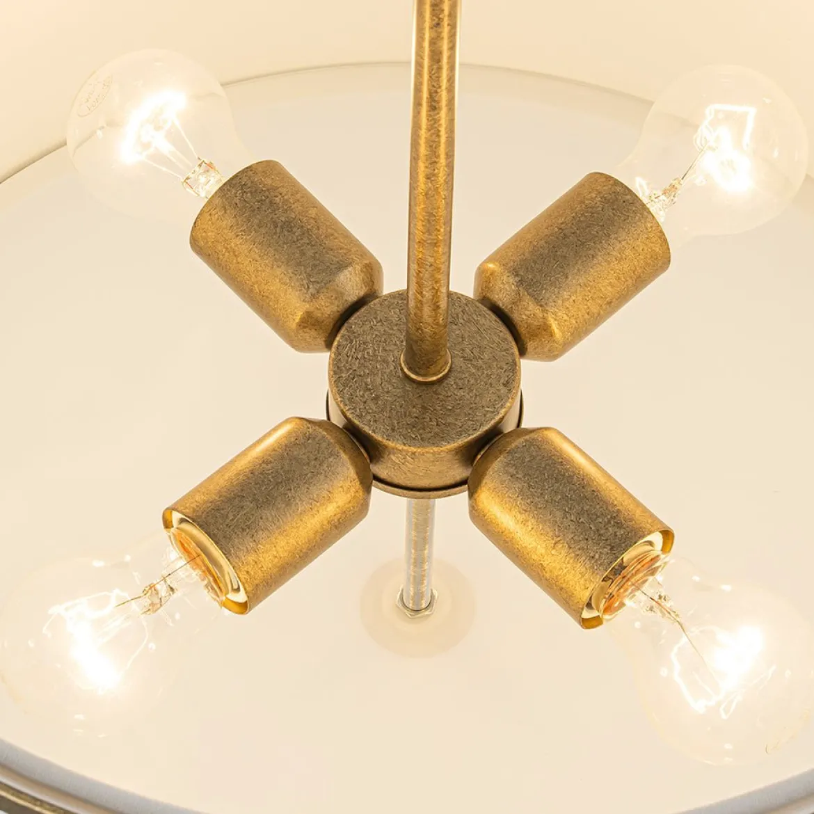 4-Light Distressed Gold White Linen Drum Lantern Pendant