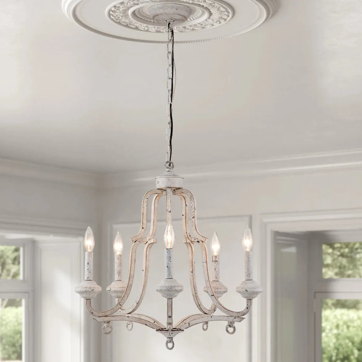 5-Light Distressed White Shabby Chic Candle Style Chandelier