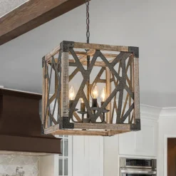 4-Light Distressed Wooden Square Cage Pendant Light
