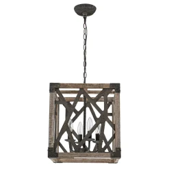 4-Light Distressed Wooden Square Cage Pendant Light