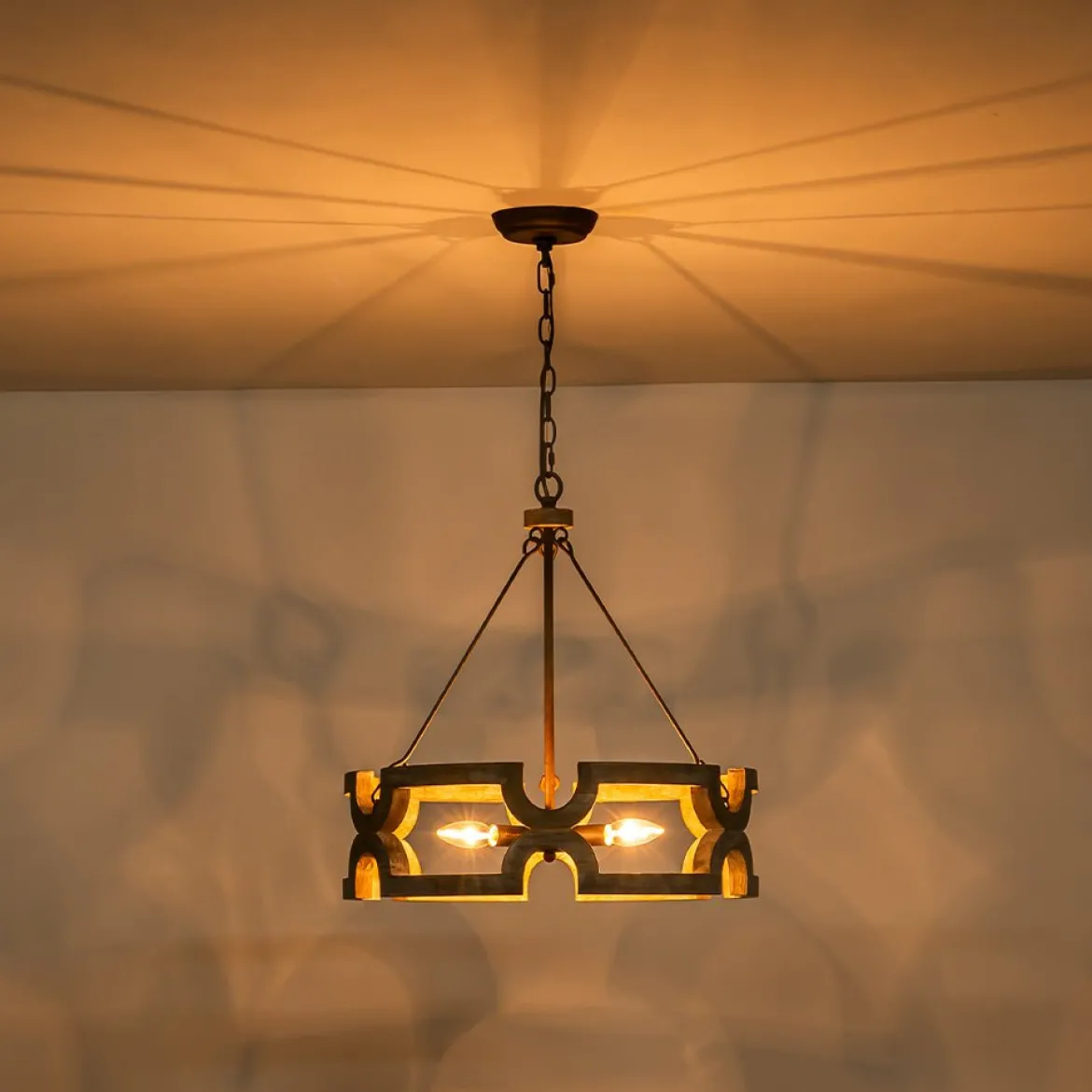 3-Light Farmhouse Open Aged Wood Drum Pendant Light