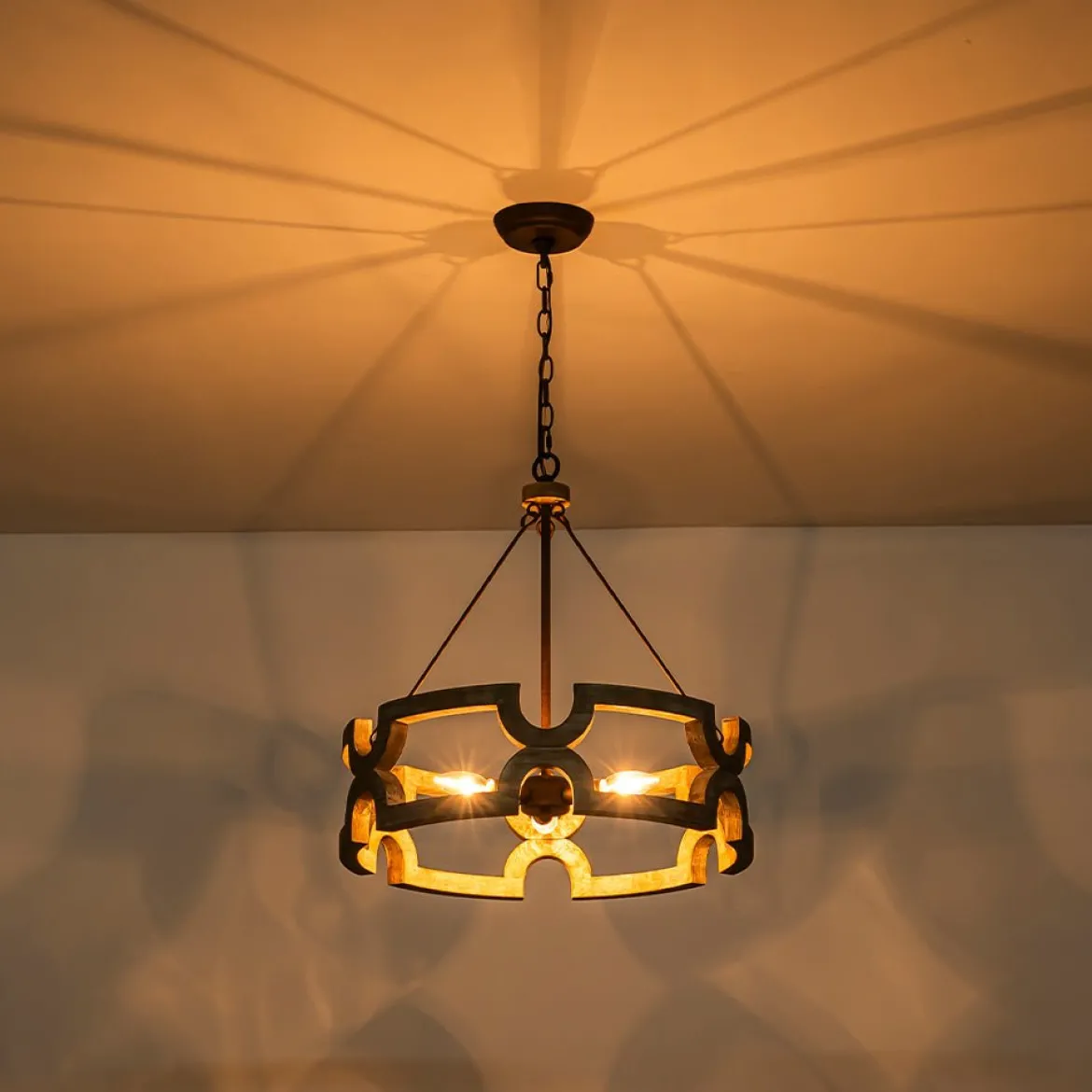 3-Light Farmhouse Open Aged Wood Drum Pendant Light
