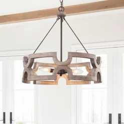 3-Light Farmhouse Open Aged Wood Drum Pendant Light