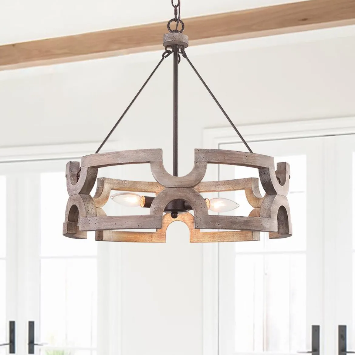 3-Light Farmhouse Open Aged Wood Drum Pendant Light