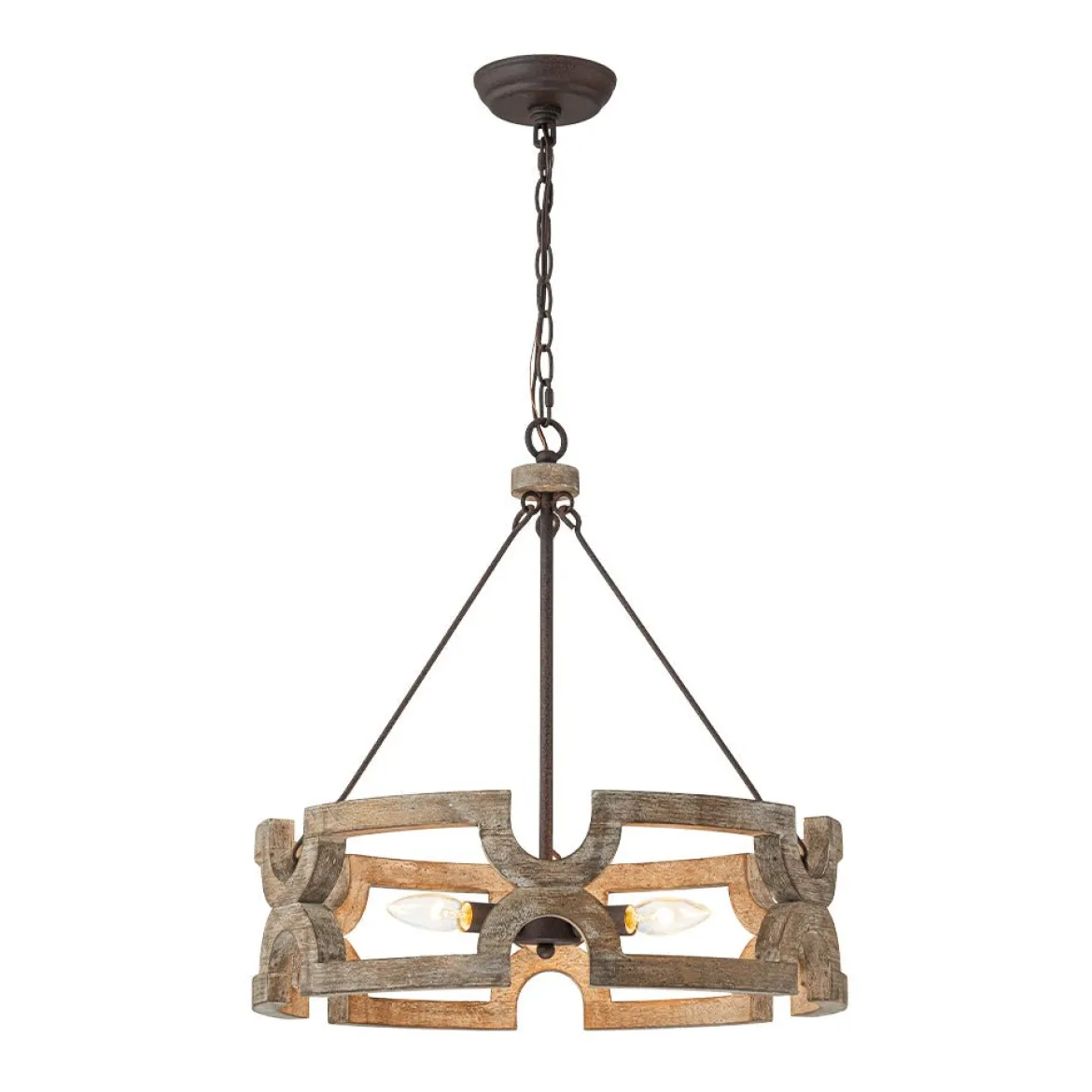 3-Light Farmhouse Open Aged Wood Drum Pendant Light