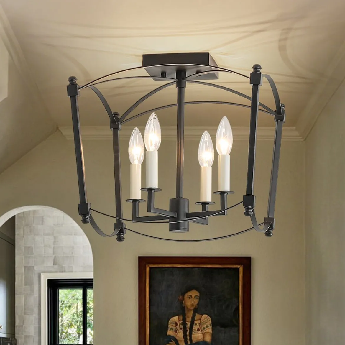 4-light French Antique Candle Style Lantern Semi Flush