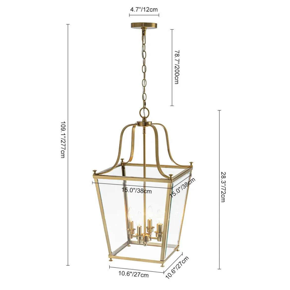 4-Light French Candle Style Wide Square Glass Lantern Pendant