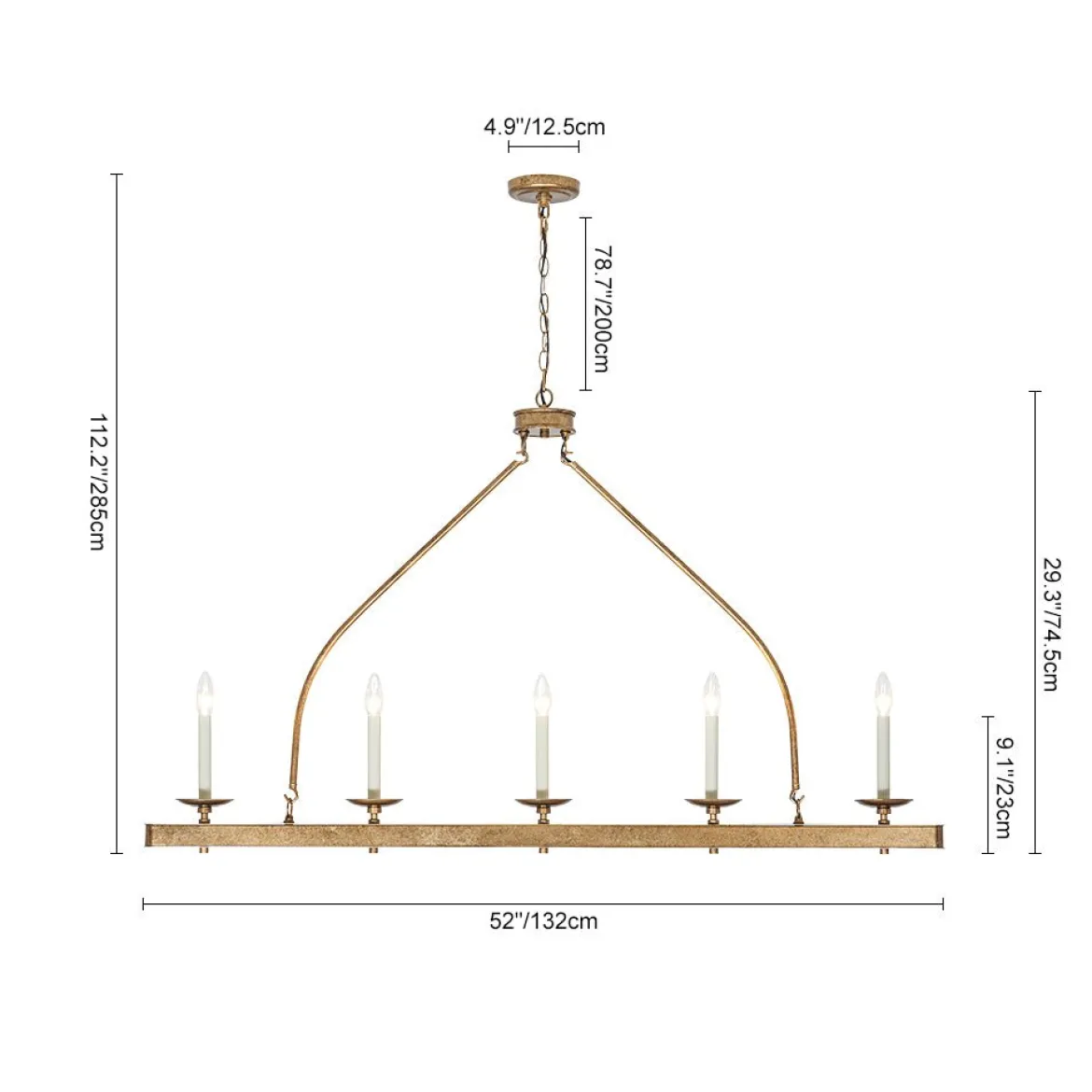5-Light French Distressed Gold Candle Linear Island Chandelier