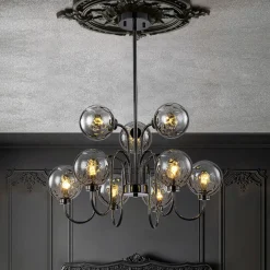 9-Light Hammered Smoked Glass Bubble Black Sputnik Chandelier
