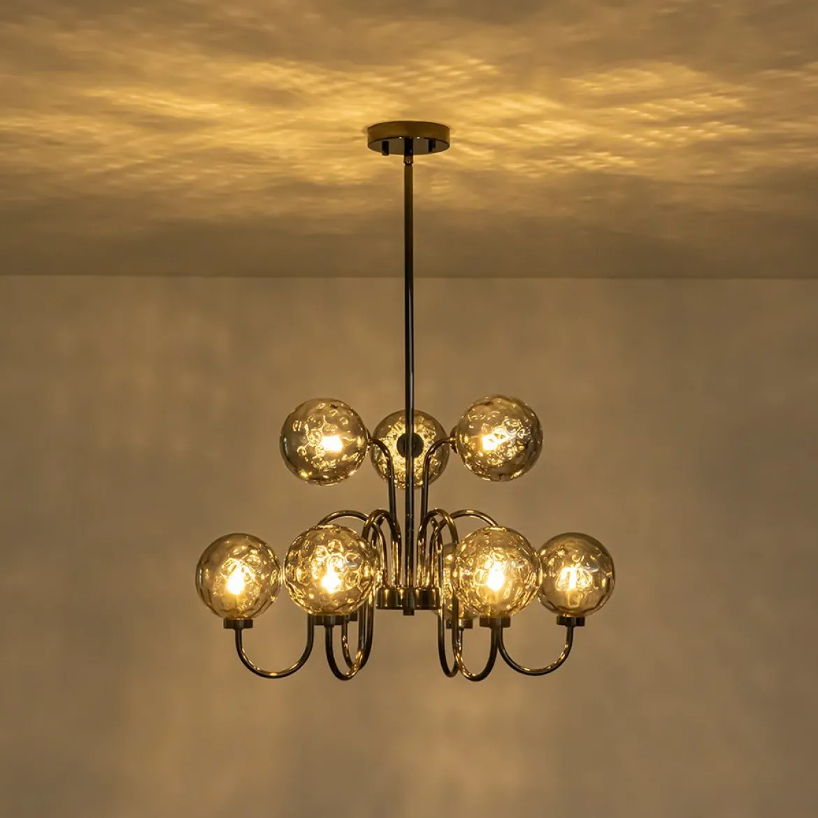 9-Light Hammered Smoked Glass Bubble Black Sputnik Chandelier