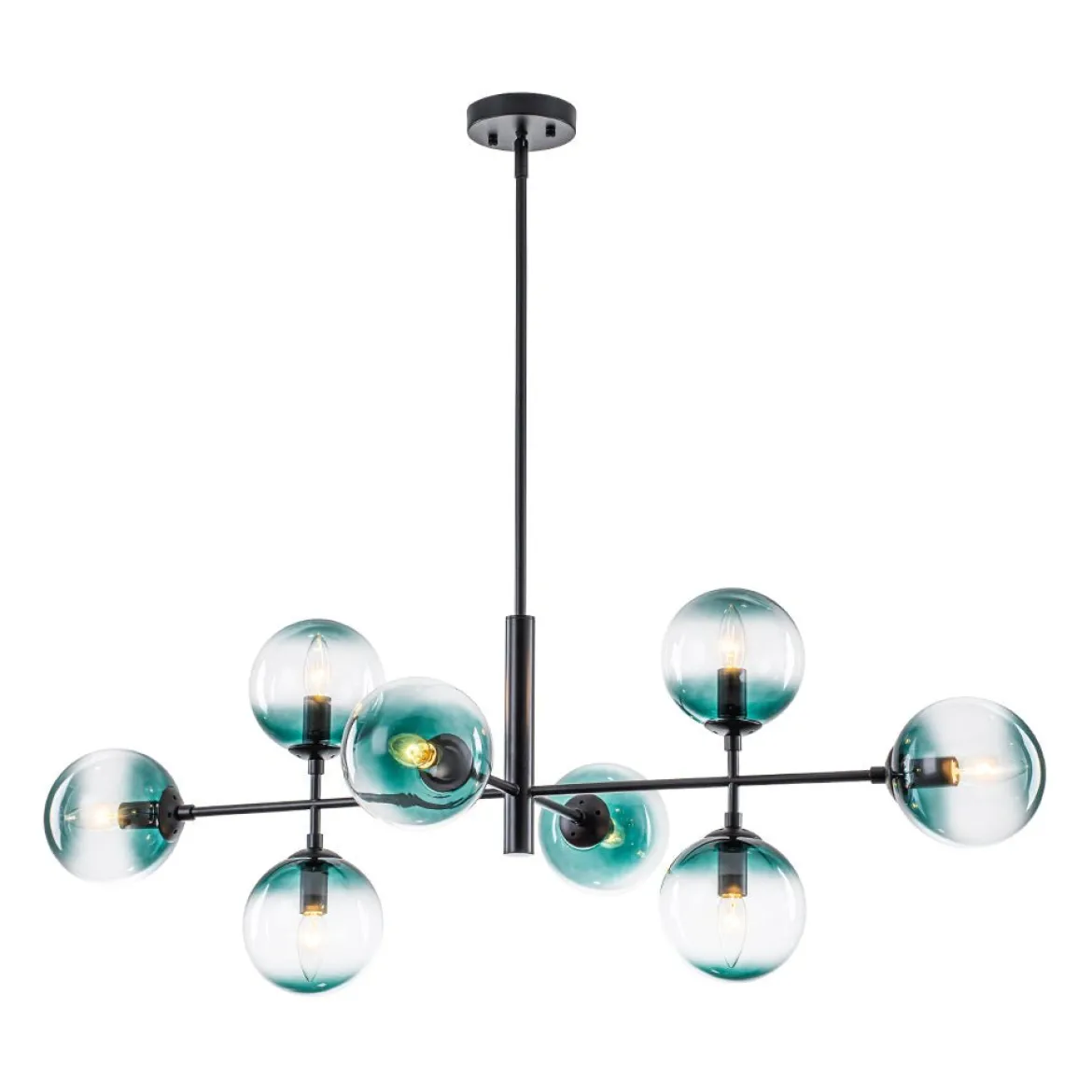 8-Light Linear Sputnik Tinted Blue Glass Bubble Chandelier