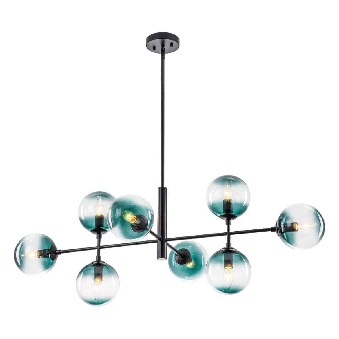 8-Light Linear Sputnik Tinted Blue Glass Bubble Chandelier