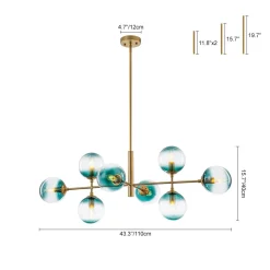 8-Light Linear Sputnik Tinted Blue Glass Bubble Chandelier