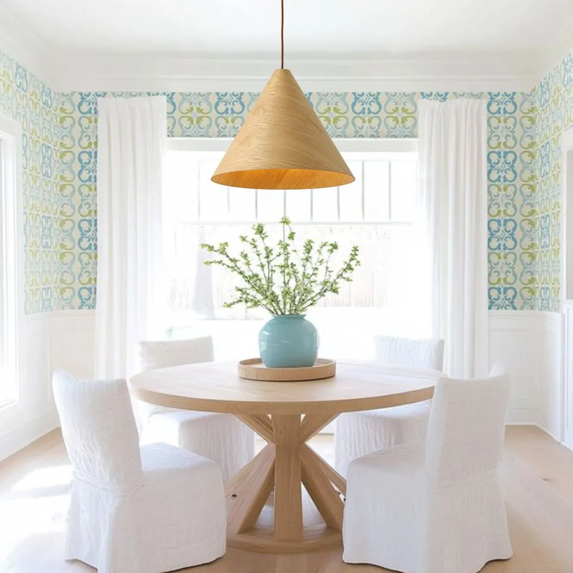 1-Light Modern Farmhouse Wood Grain Cone Kitchen Pendant