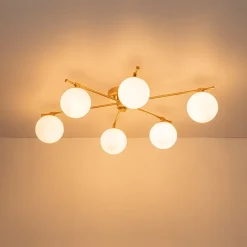 6-Light Opal Glass Globe Linear Sputnik Semi Flush Chandelier