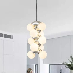 10-Light Pearl Tiered Milky Glass Globe Pendant Light