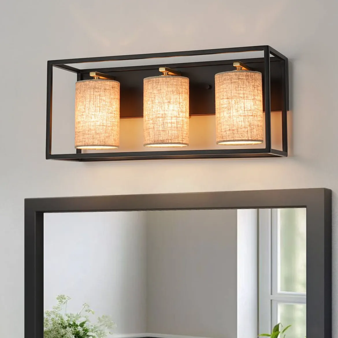 3-light Rectangular Black Frame Linen Wall Sconce