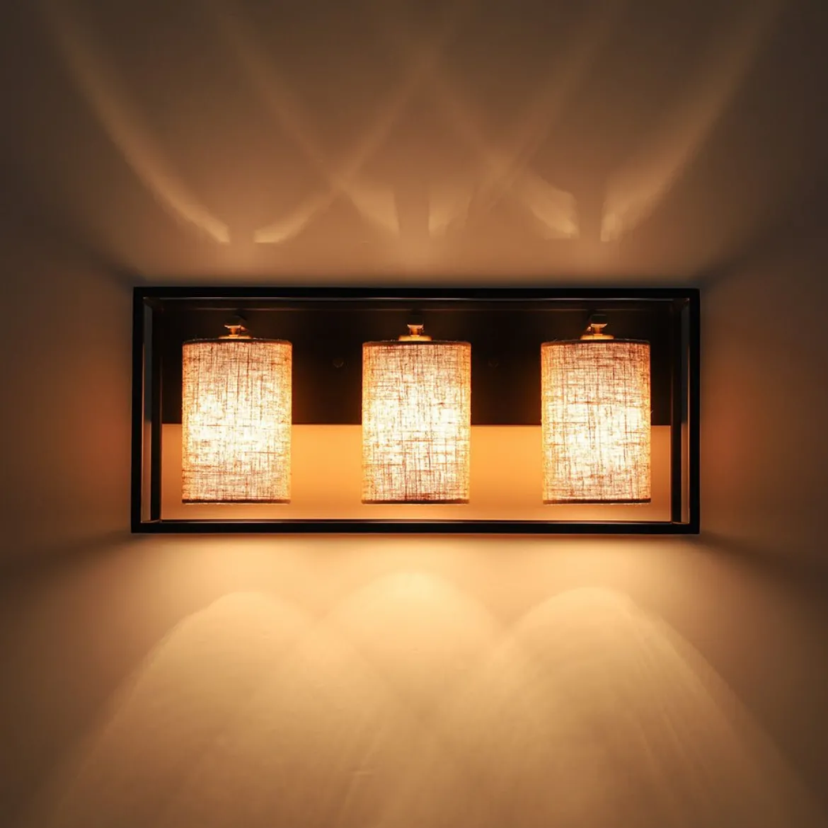 3-light Rectangular Black Frame Linen Wall Sconce