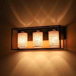 3-light Rectangular Black Frame Linen Wall Sconce