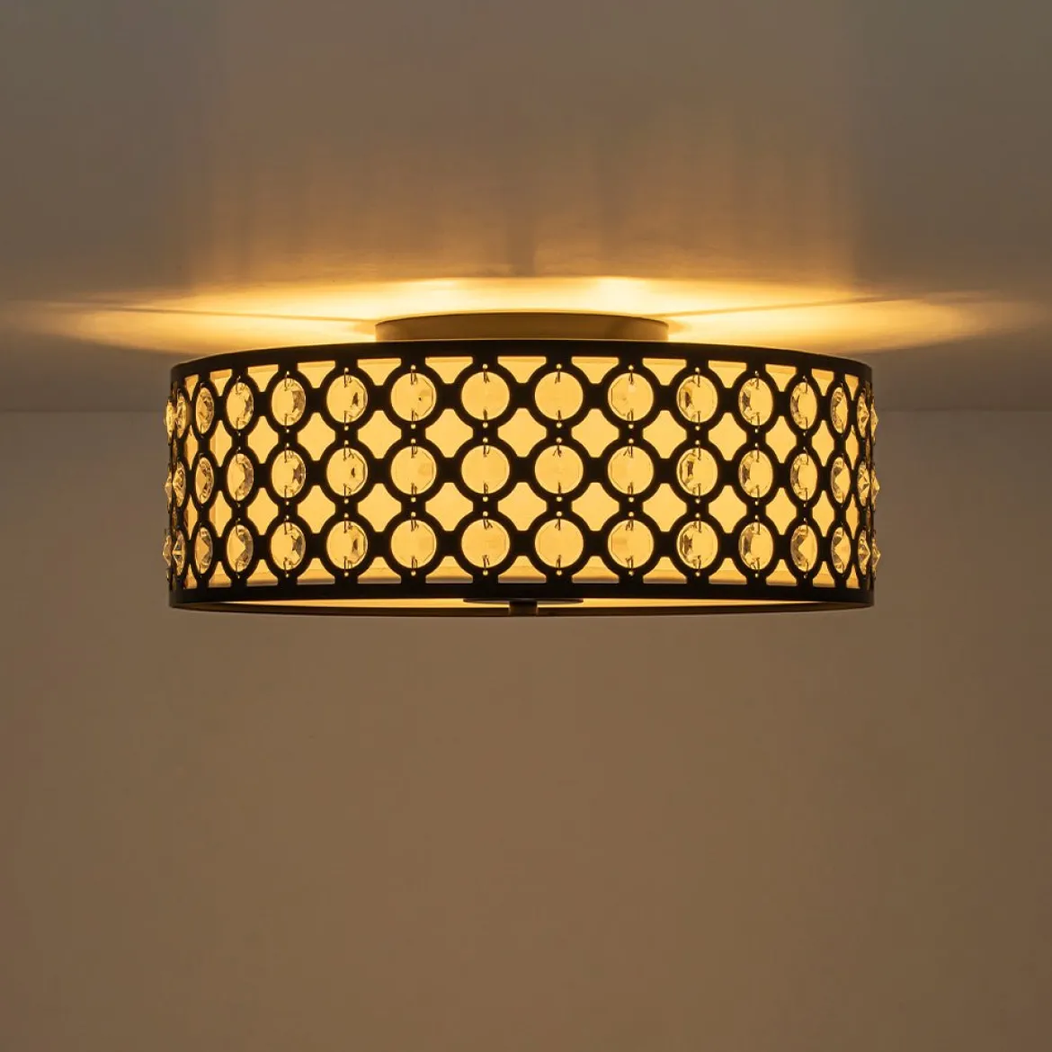 3-Light Round Drum Crystal Accented Fabric Flush Mount