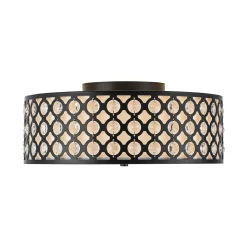 3-Light Round Drum Crystal Accented Fabric Flush Mount