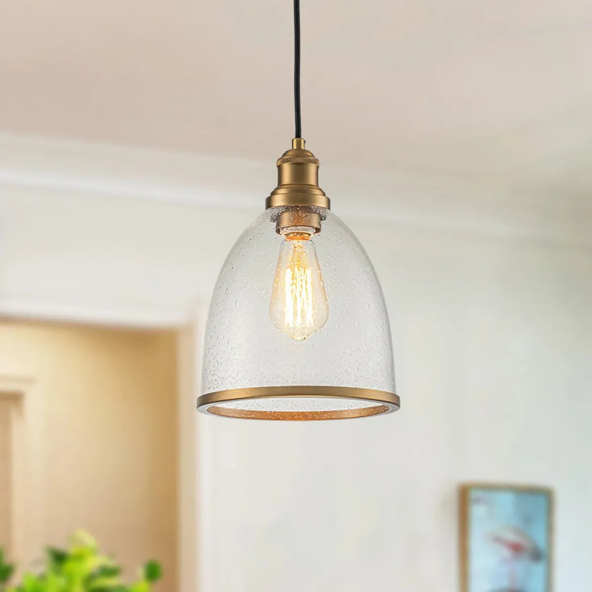 1-Light Seeded Glass Bell Dome Kitchen Pendant Light