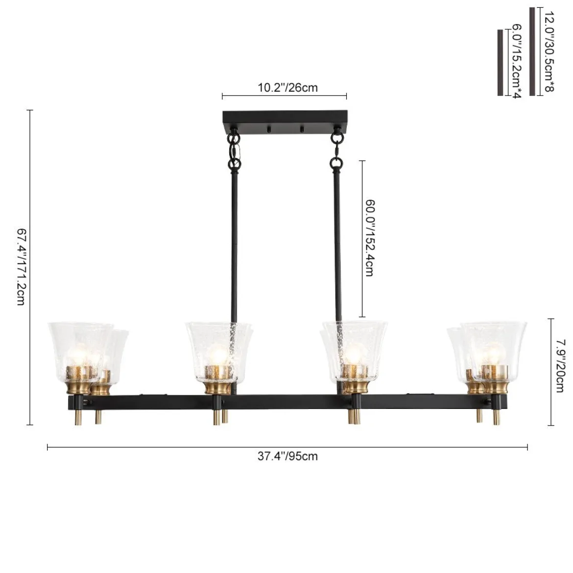 8-Light Seeded Glass Black Brass Linear Island Chandelier