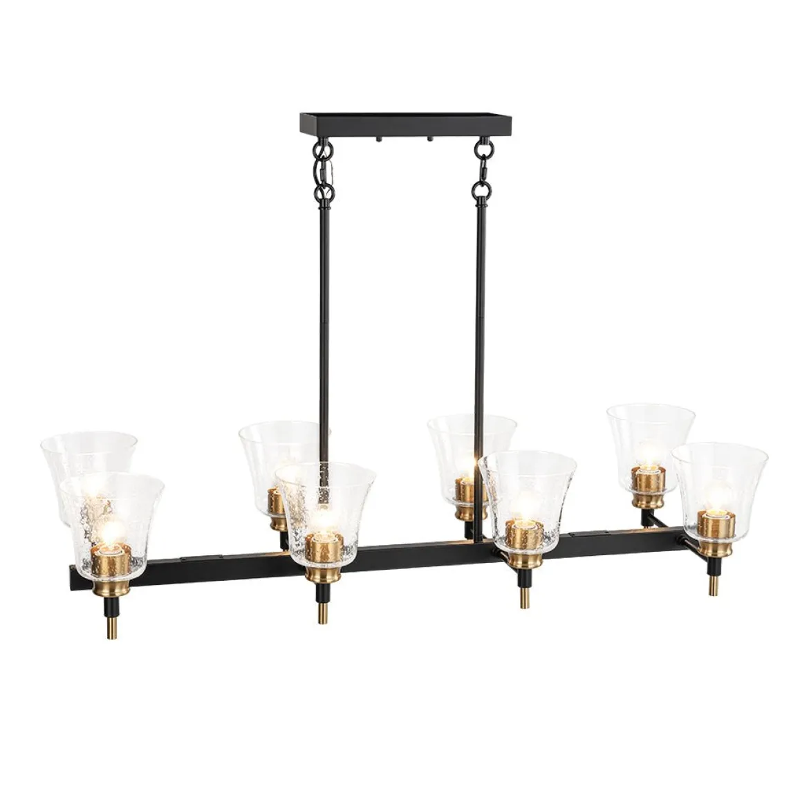 8-Light Seeded Glass Black Brass Linear Island Chandelier