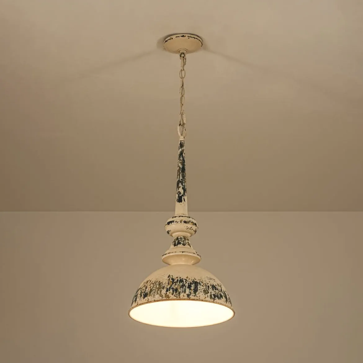 1-Light Shabby Chic Distressed Beige Metal Dome Pendant